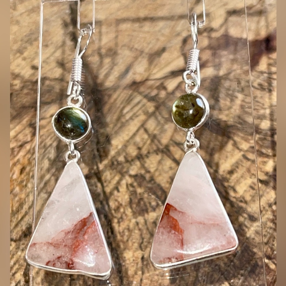 Labradorite & Phantom Fire Quartz Earrings 2” - Picture 6 of 13